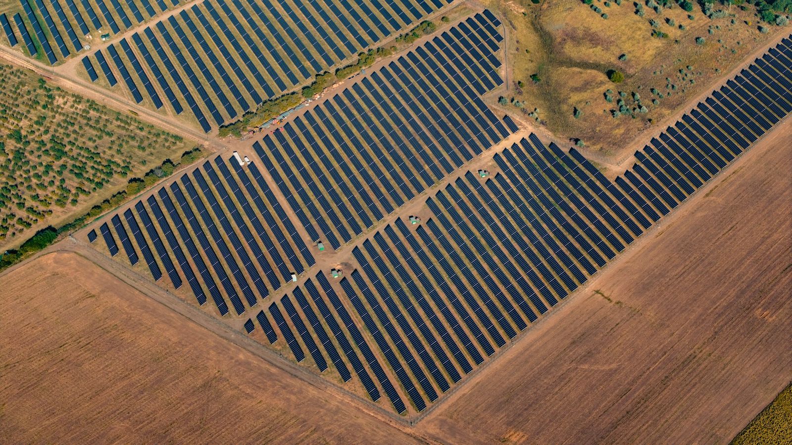 Freiflächen-Solaranlage von oben, Modulreihen zwischen Feldern